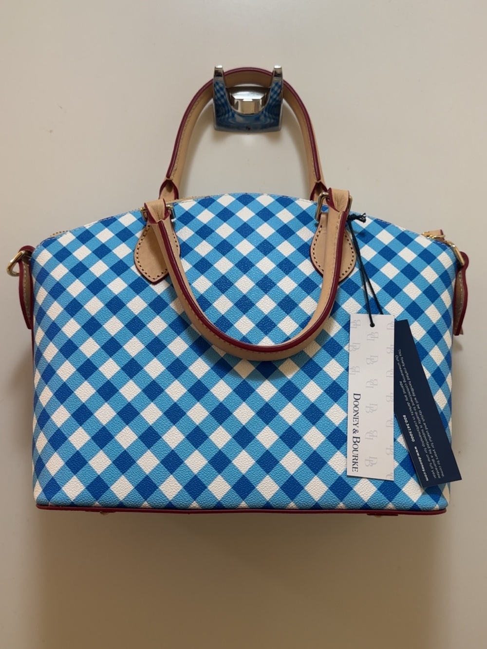 NWT Dooney & Bourke Blue Gingham Satchel with Tan Trim and Red-Edged Strap - Picture 5 of 10